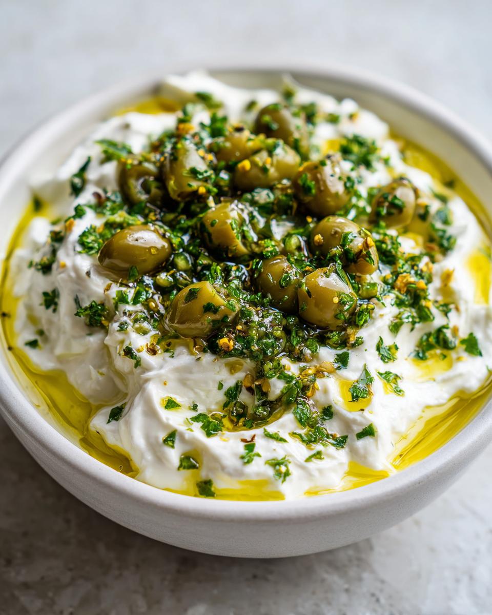Close-up of a creamy white dip topped with green olives, herbs, and olive oil, representing the dirty martini dip.