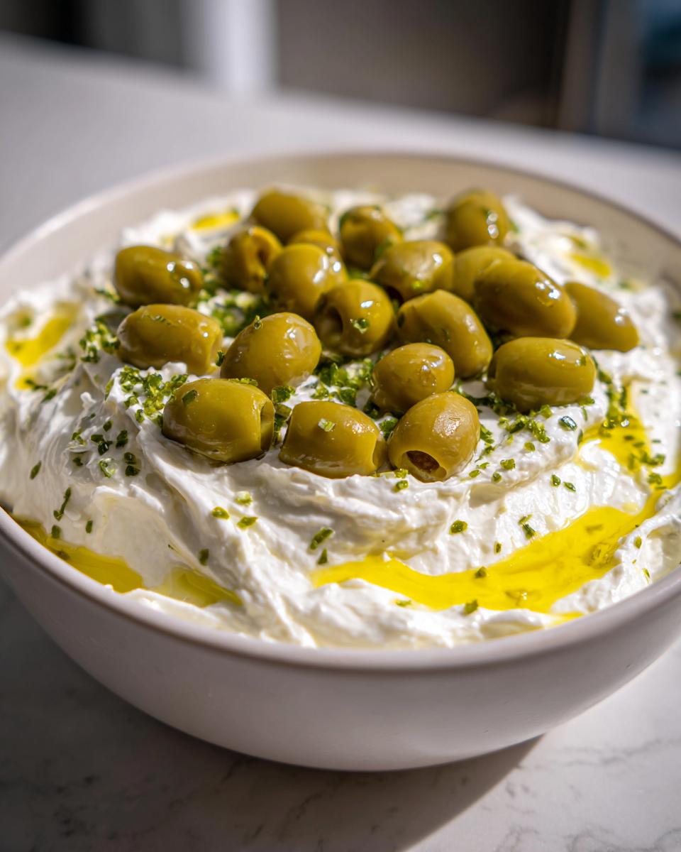 Close-up of a creamy white dip topped with green olives, chives, and olive oil, ready to serve as dirty martini dip.