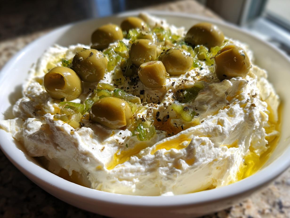 A white bowl filled with creamy dirty martini dip, topped with whole green olives, chopped peppers, and herbs.