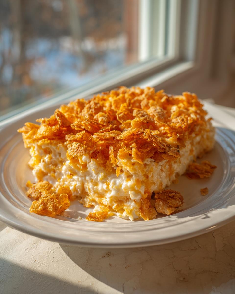 A square serving of creamy hashbrown casserole topped with a thick layer of golden, crunchy cornflakes.