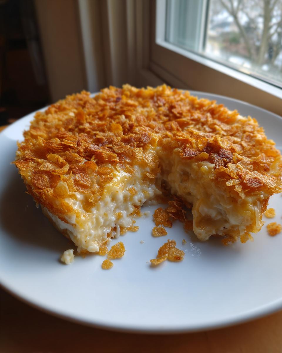A serving of creamy hashbrown casserole with a golden, crunchy cornflake topping, showing a scoop removed.