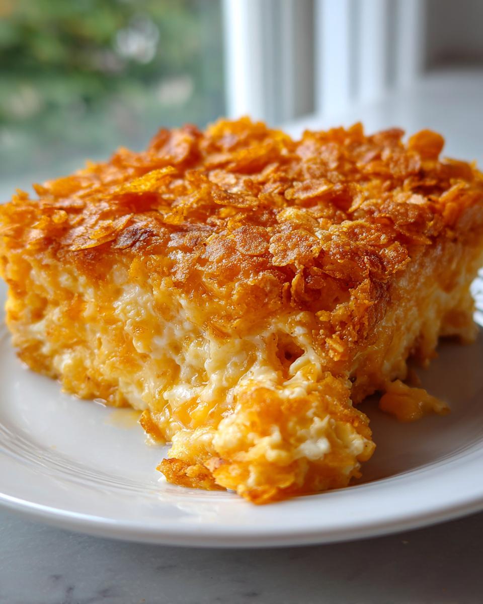 A close-up of a square serving of creamy hashbrown casserole topped with golden, crunchy cornflakes.