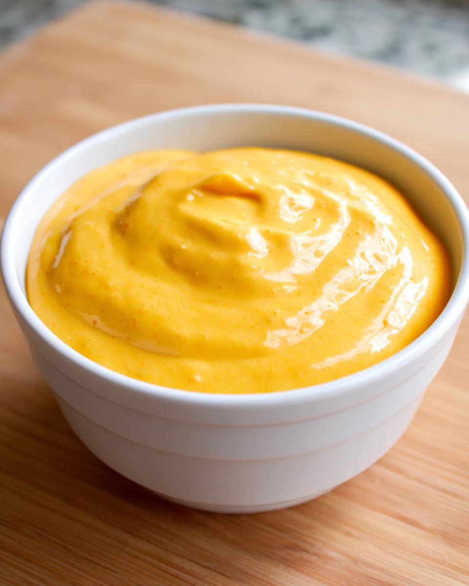 A close-up of thick, vibrant orange homemade nacho cheese sauce in a small white bowl.