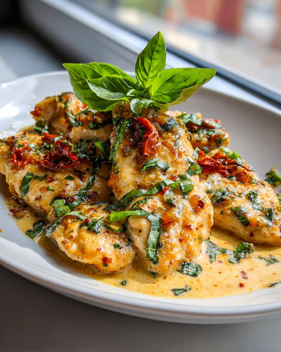 Close-up of creamy Marry Me Chicken breasts topped with sun-dried tomatoes, fresh basil, and rich sauce.