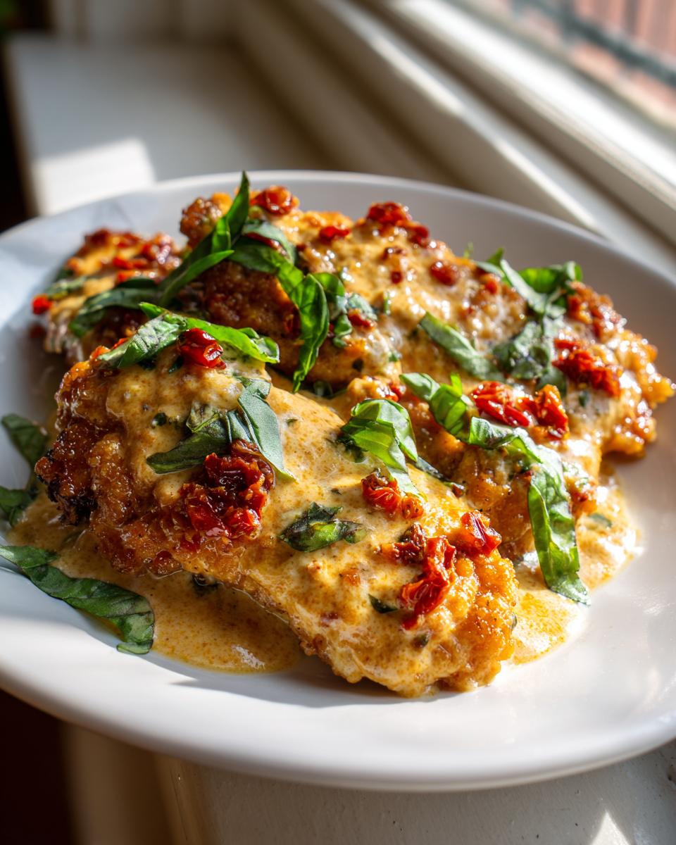 Close-up of golden chicken breasts covered in a creamy sauce, sun-dried tomatoes, and fresh basil, representing Marry Me Chicken.