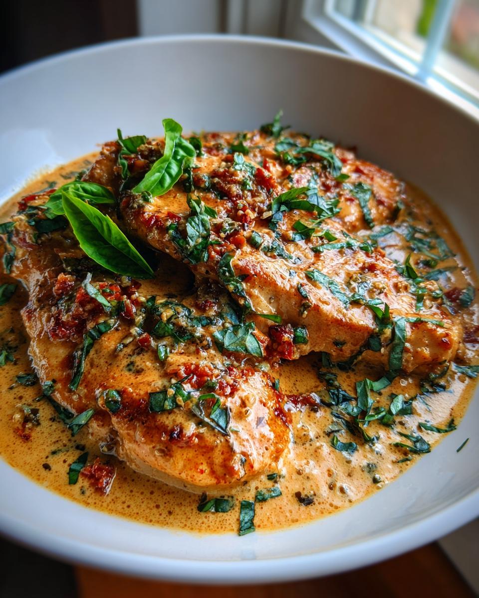 Two pieces of golden chicken breast smothered in a creamy sauce with sun-dried tomatoes, garnished with fresh basil, ready to eat Marry Me Chicken.