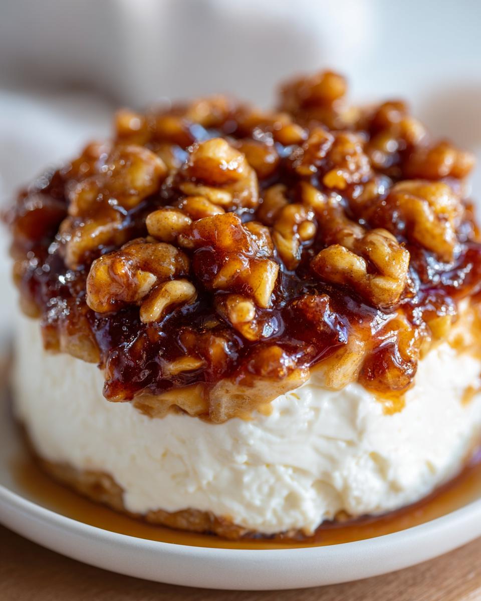 A close-up of a serving of pecan pie dip, featuring a thick layer of creamy white base topped with glossy, caramelized pecans.
