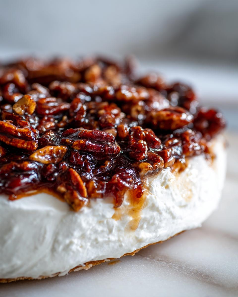 Close-up of a creamy base topped generously with sticky, caramelized pecans for pecan pie dip.