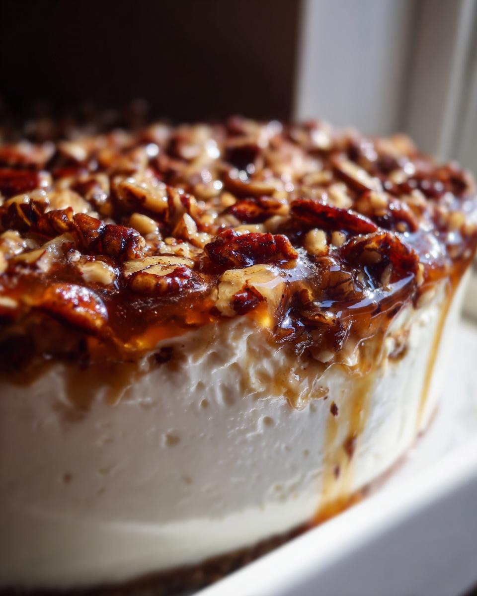 Close-up of a creamy dessert topped with glossy caramel and chopped pecans, resembling pecan pie dip.