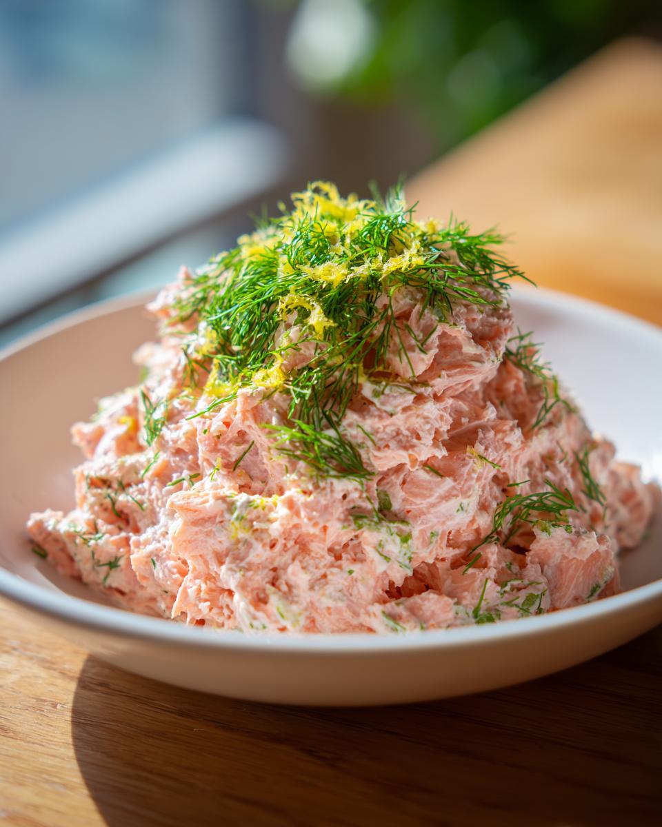 A mound of creamy, pink salmon dip topped generously with fresh dill and bright yellow lemon zest.