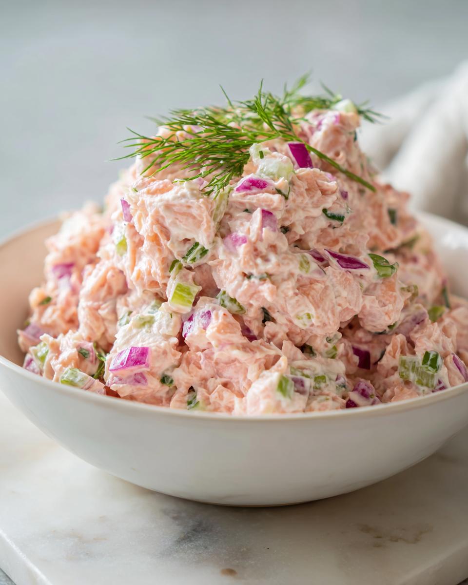Close-up of creamy salmon salad mixed with red onion and celery, topped with fresh dill.