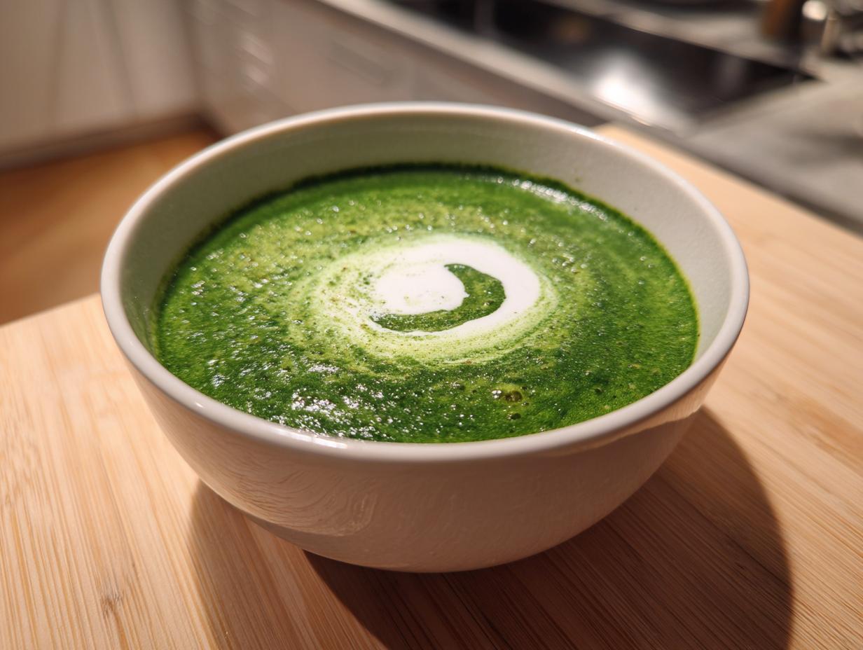 A close-up of vibrant green creamy spinach soup garnished with a white cream swirl in a white bowl.