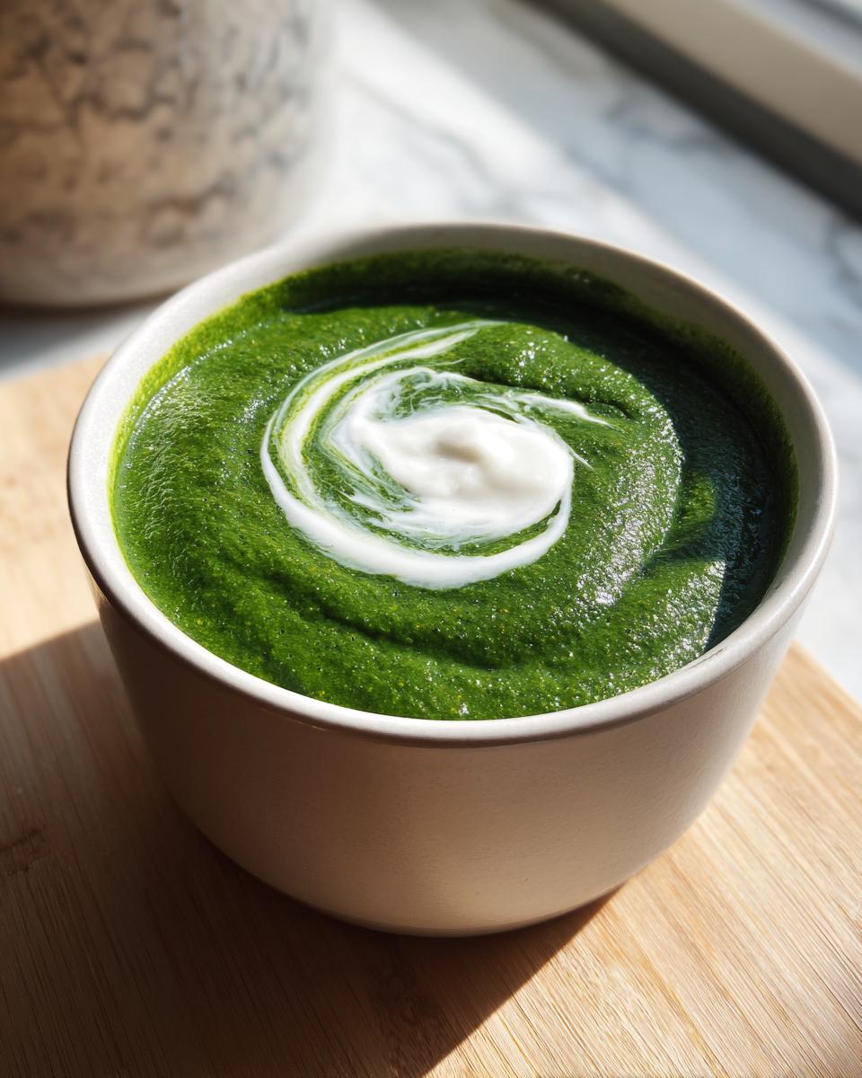 Close-up of vibrant green creamy spinach soup topped with a white cream swirl in a light bowl.