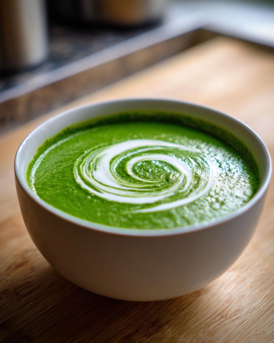 Close-up of a bowl of vibrant green, creamy spinach soup topped with a white cream swirl.
