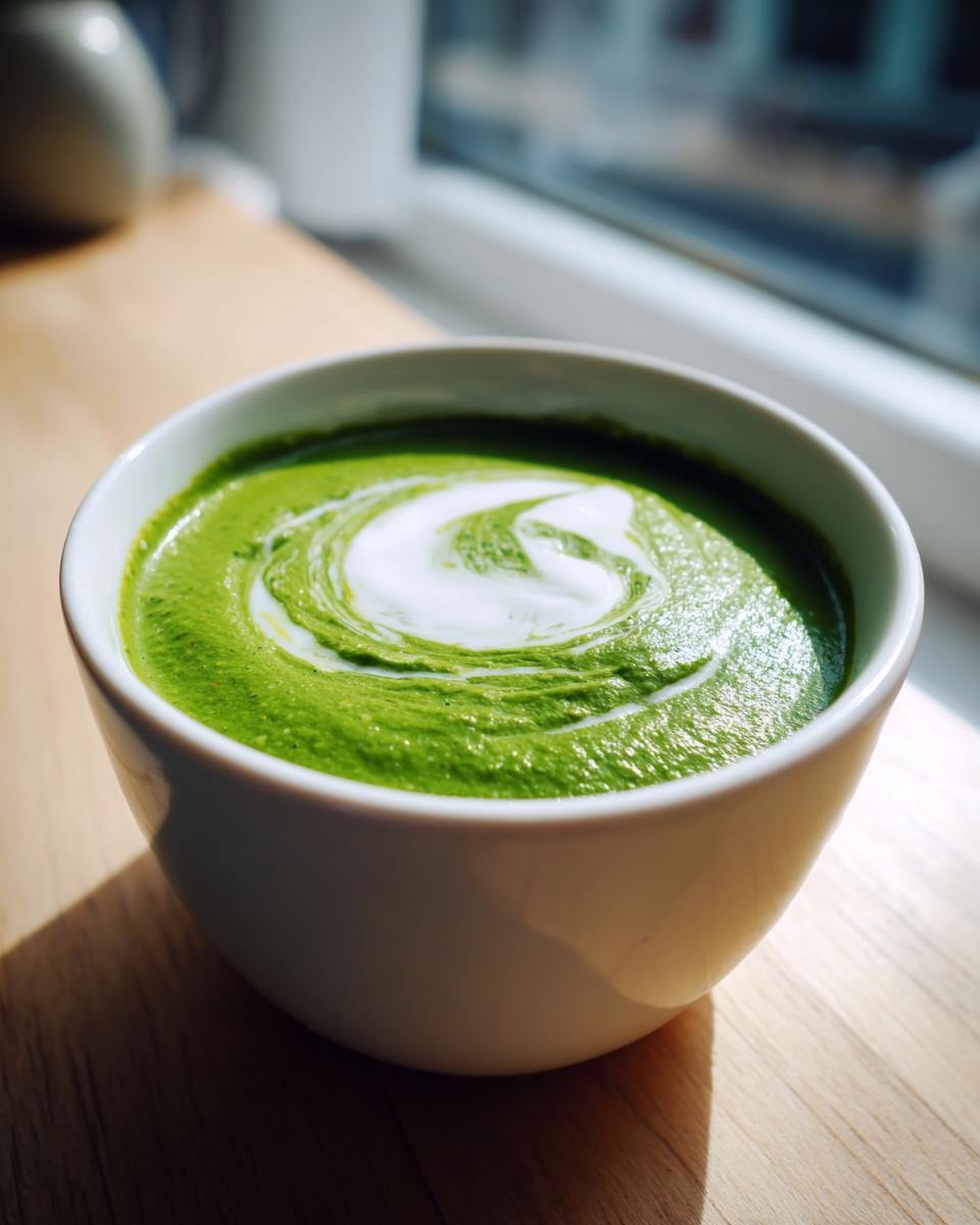 Close-up of vibrant green creamy spinach soup in a white bowl, topped with a decorative swirl of white cream.