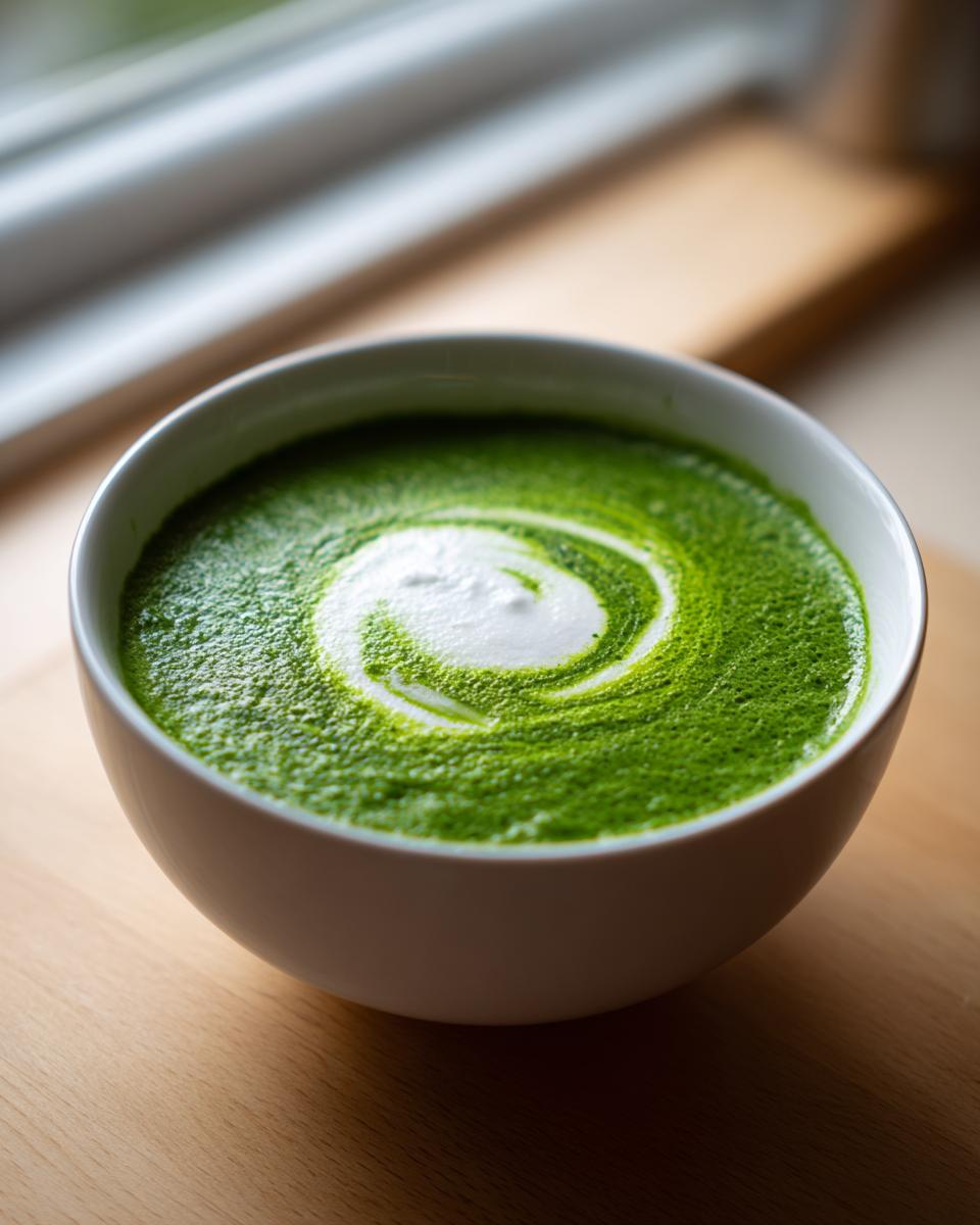 A close-up of vibrant green spinach soup topped with a white cream swirl.