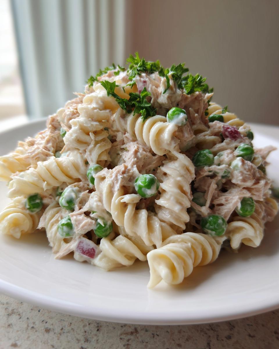 A close-up of creamy tuna pasta salad made with rotini pasta, green peas, and topped with fresh parsley.
