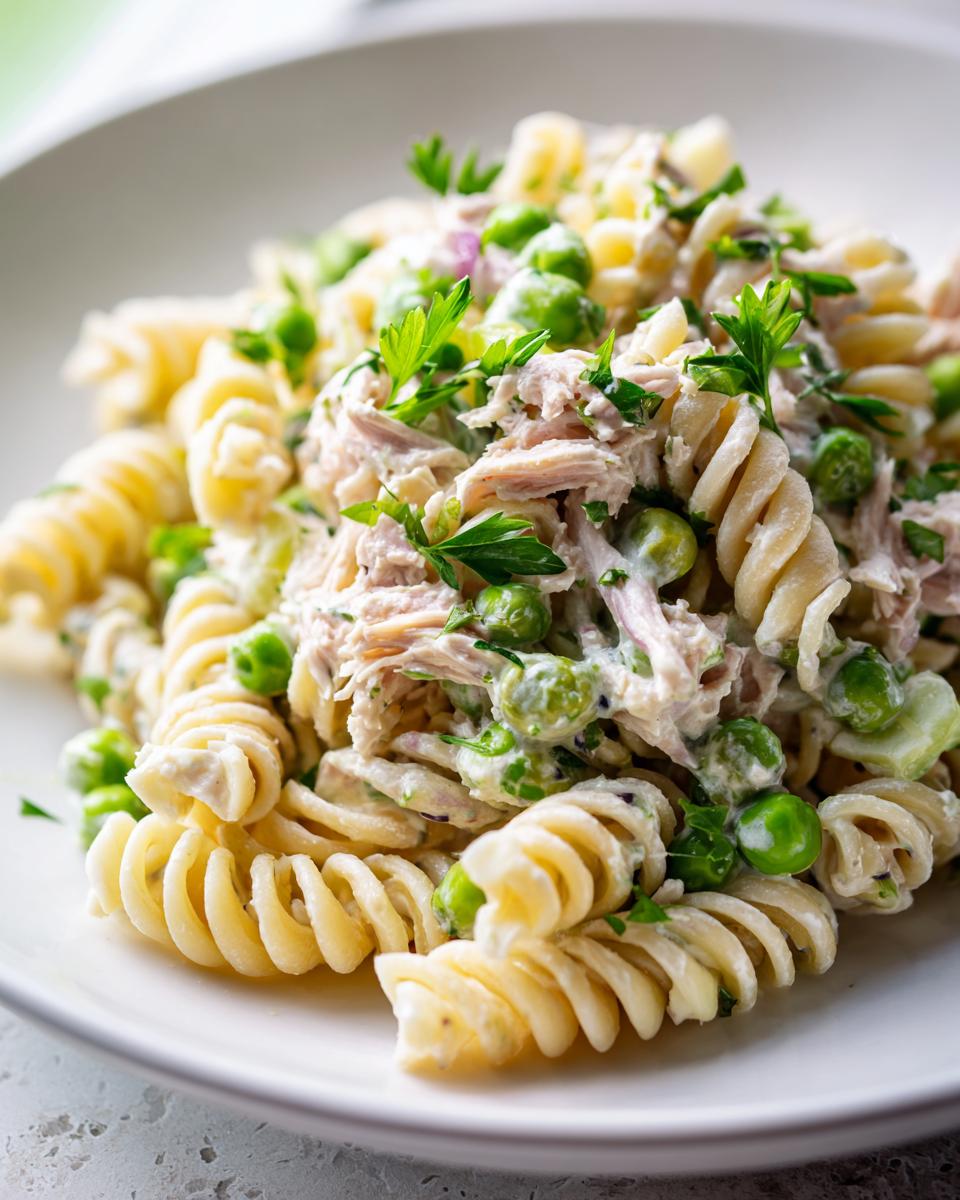 Close-up of creamy tuna pasta salad featuring rotini pasta, flaked tuna, bright green peas, and fresh parsley.