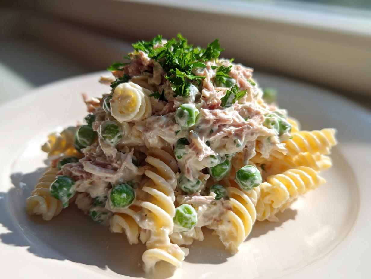 A mound of creamy tuna pasta salad featuring fusilli pasta, green peas, and topped with fresh parsley.
