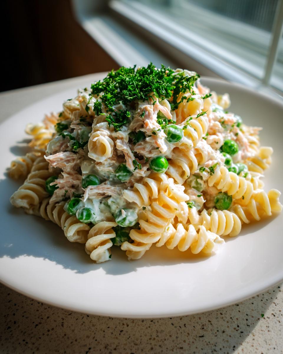 A mound of creamy tuna pasta salad made with rotini pasta, green peas, and topped with fresh parsley.