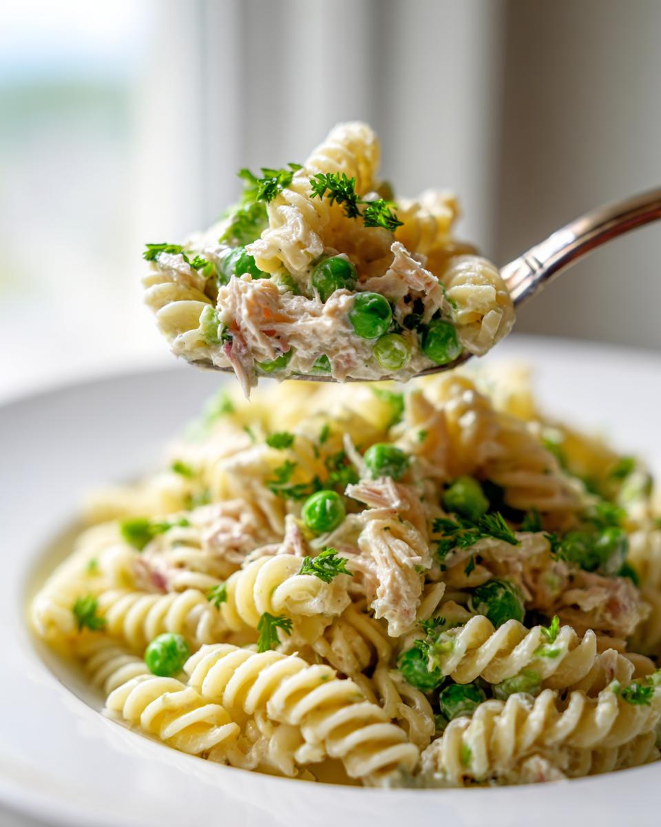 A spoonful of creamy tuna pasta salad with rotini, green peas, and parsley being lifted from a white bowl.