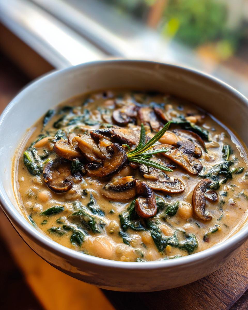 A close-up of a creamy white bean mushroom stew topped with sautéed mushrooms and a sprig of rosemary.