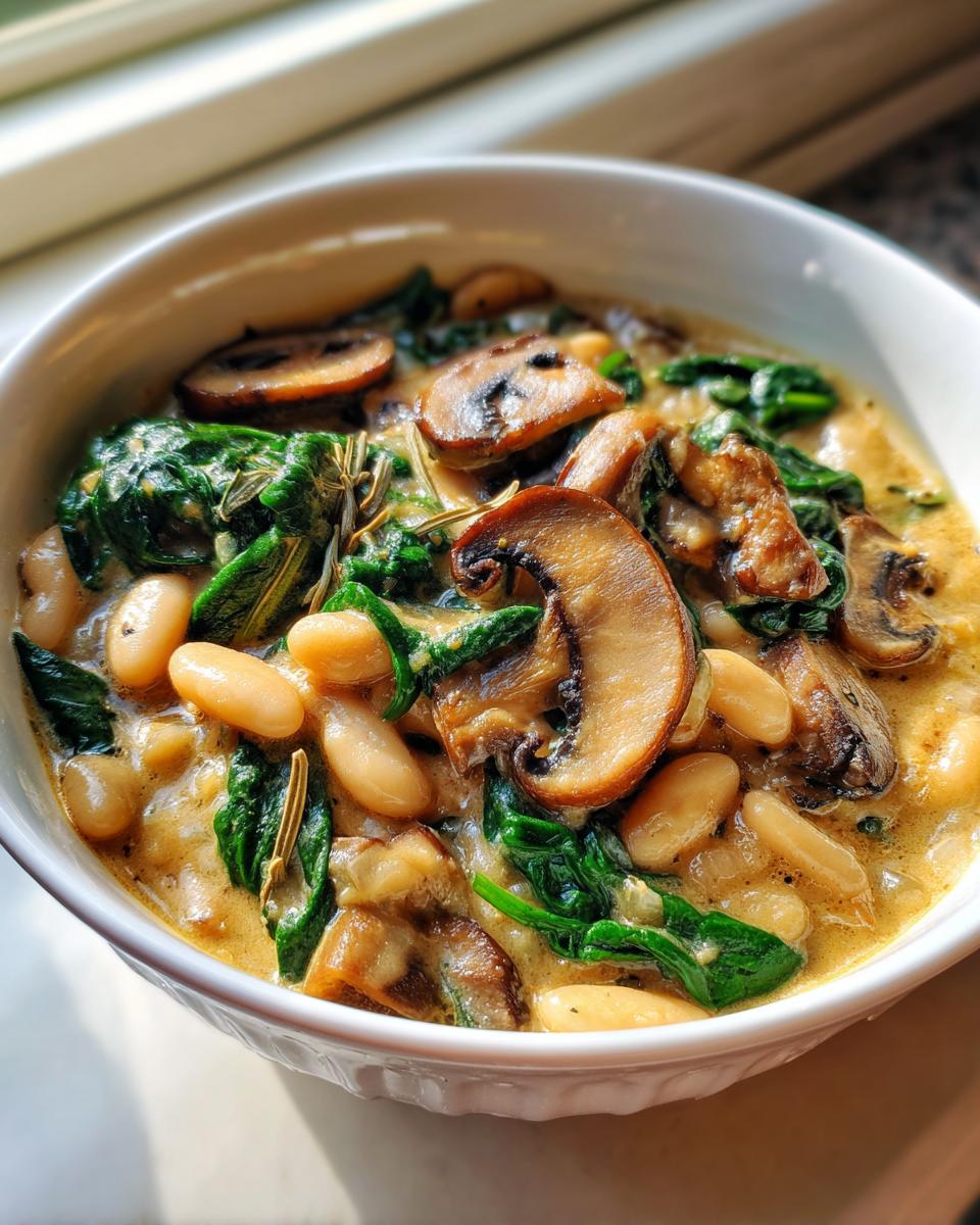 Close-up of creamy white bean mushroom stew featuring large sliced mushrooms and wilted spinach.