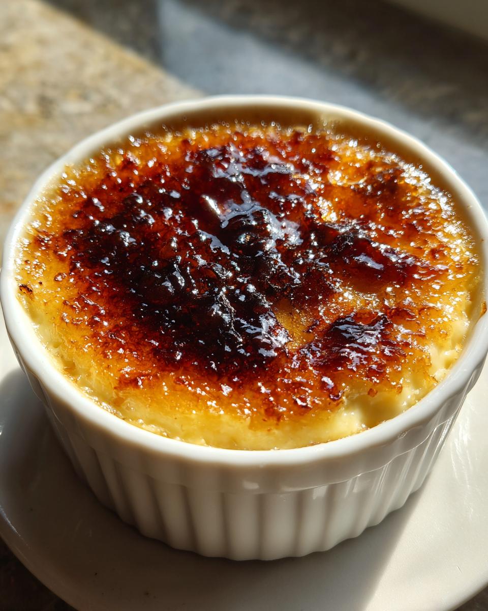 Close-up of a classic creme brulee in a white ramekin showing the perfectly caramelized, crackly sugar crust.