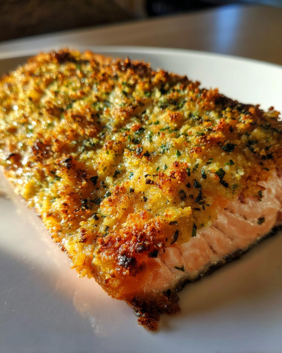 Close-up of a perfectly cooked air fryer salmon fillet with a golden, crispy herb and breadcrumb crust.