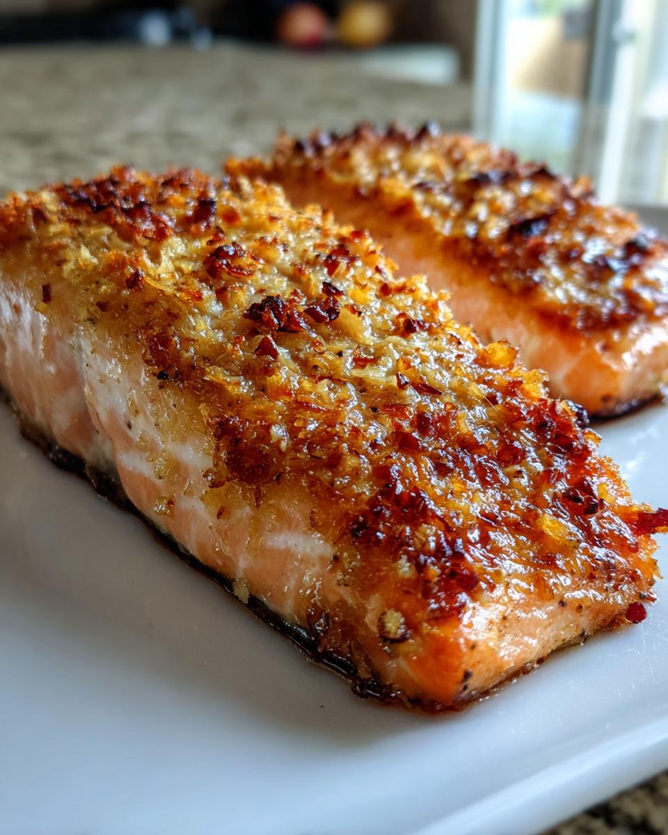 Two perfectly cooked air fryer salmon fillets with a golden, crispy topping served on a white plate.