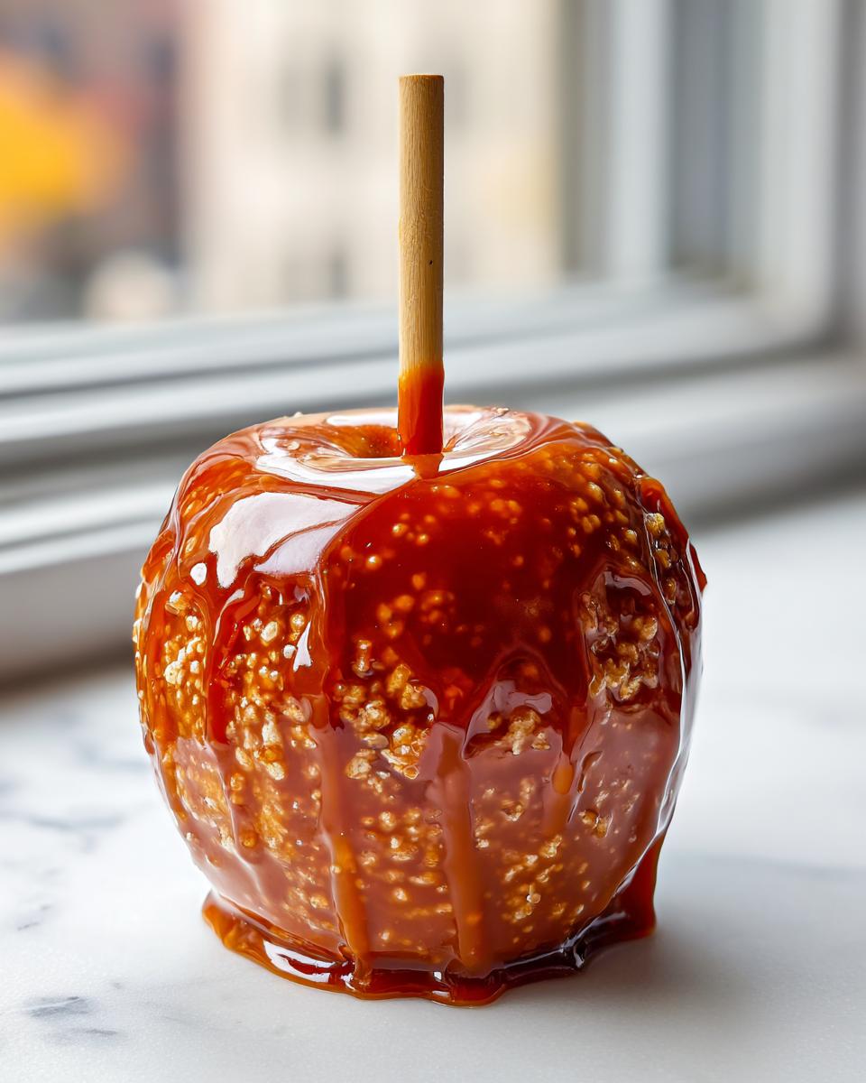 A glossy, dripping caramel apple covered in crispy puffed rice sits on a marble surface.