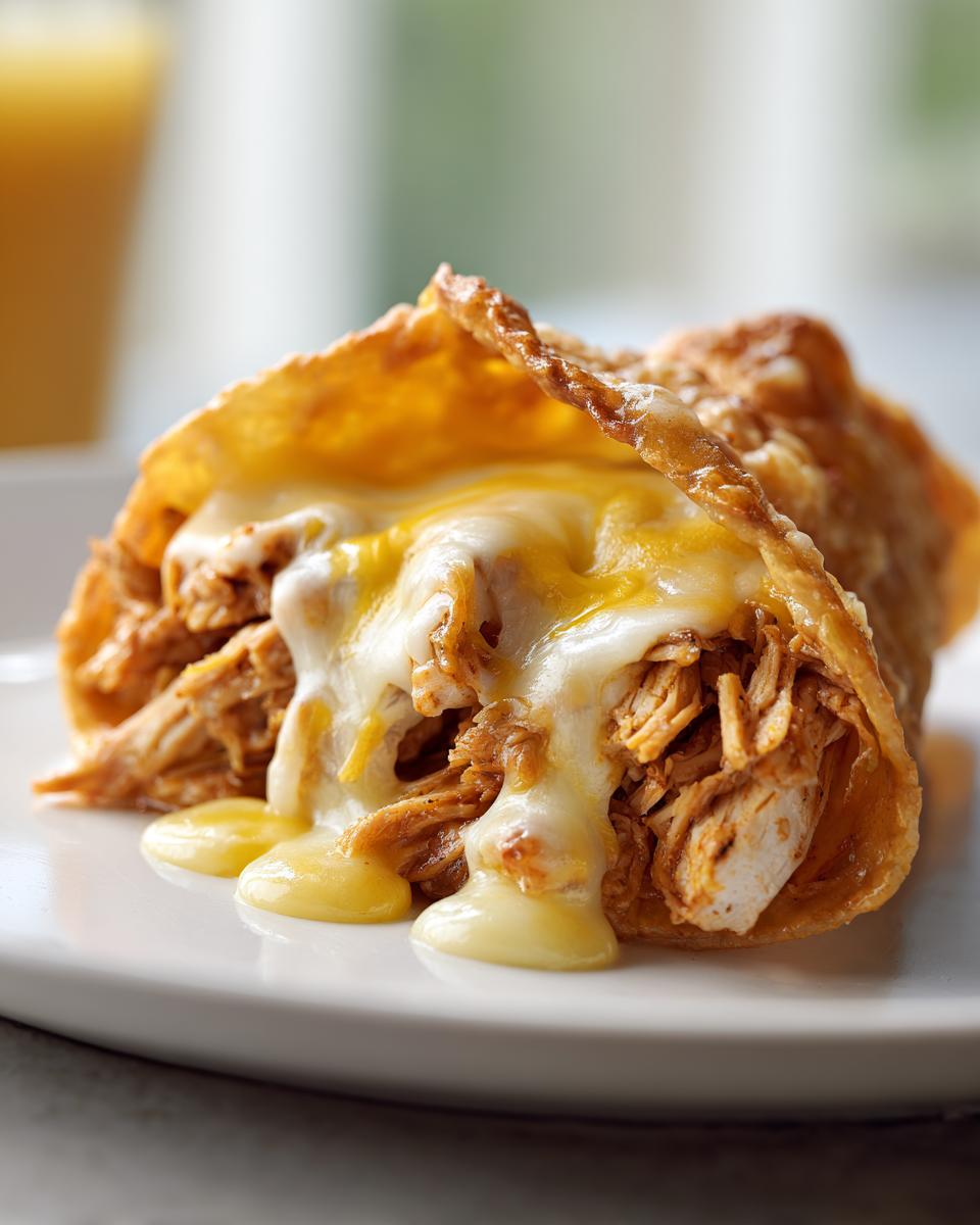 Close-up of a crispy taco filled with shredded seasoned chicken and dripping with melted cheese, perfect for chicken tacos.