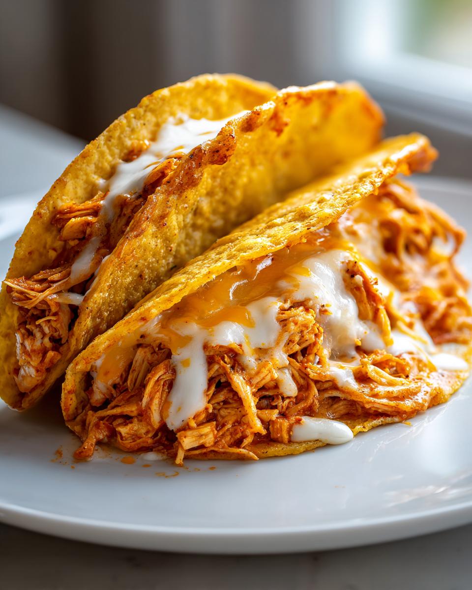 Two crispy, golden-brown chicken tacos overflowing with shredded, seasoned chicken, melted cheese, and a drizzle of white sauce.