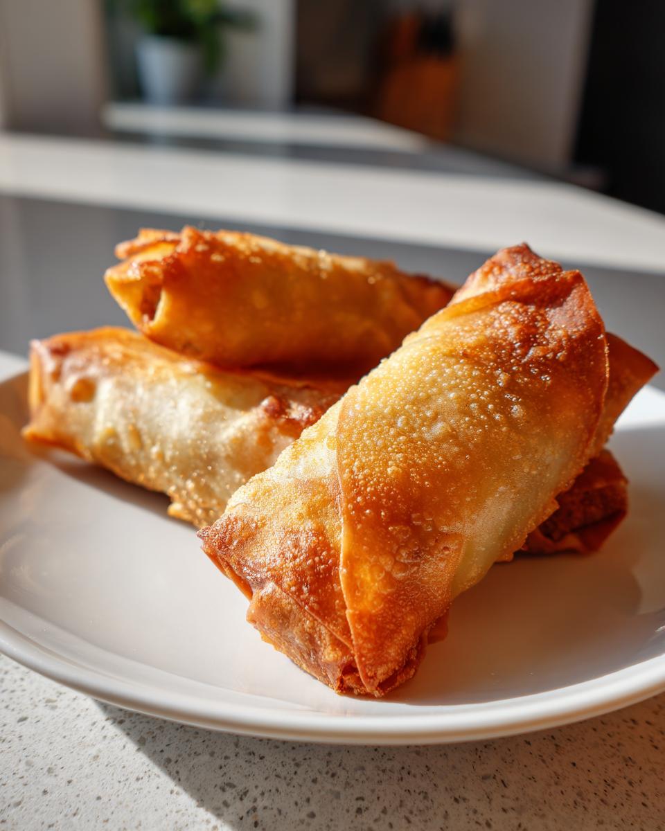 Close-up of three golden, crispy fried egg roll appetizers stacked on a white plate under bright sunlight.
