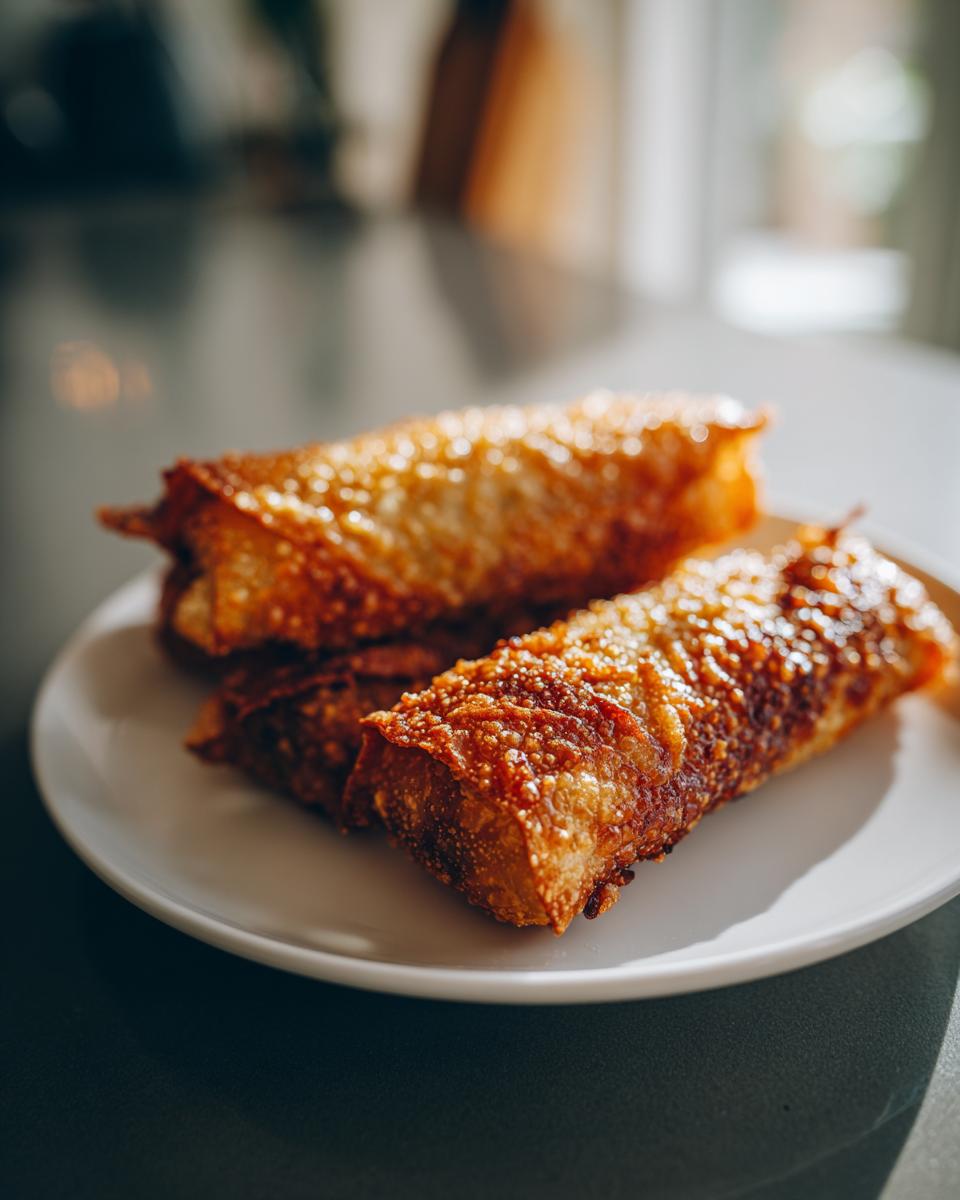 Three crispy, golden-brown egg roll appetizers resting on a small white plate under bright light.