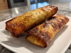 Close-up of two perfectly golden brown and crispy fried egg roll appetizers stacked on a white rectangular plate.