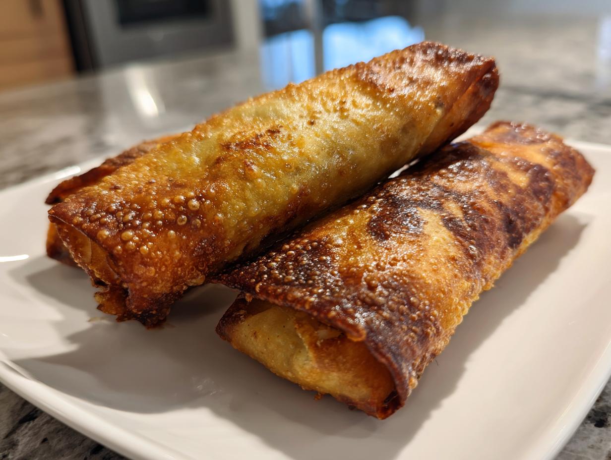 Close-up of two perfectly golden brown and crispy fried egg roll appetizers stacked on a white rectangular plate.
