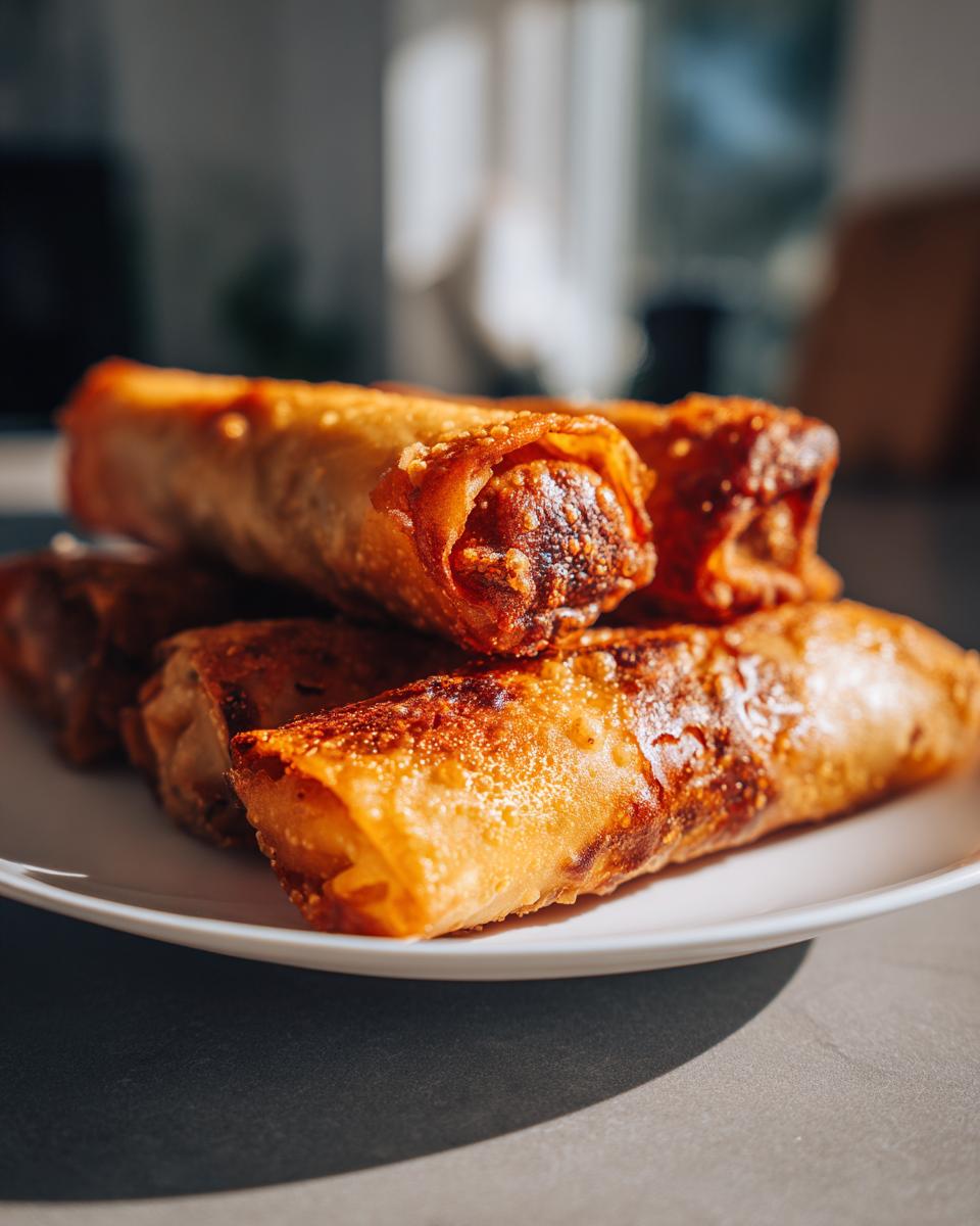 A stack of golden brown, crispy fried egg roll appetizers piled on a white plate.