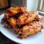 A pile of perfectly crispy, glazed chicken wings stacked on a white plate.