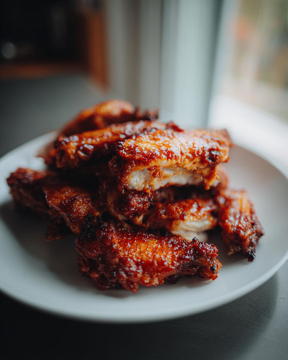 A stack of perfectly crispy, glazed chicken wings piled high on a white plate, showing off their rich color.