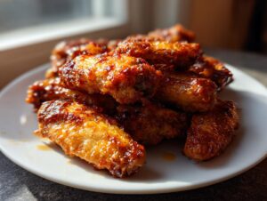 A close-up of a pile of perfectly crispy, glazed chicken wings resting on a white plate, catching the sunlight.
