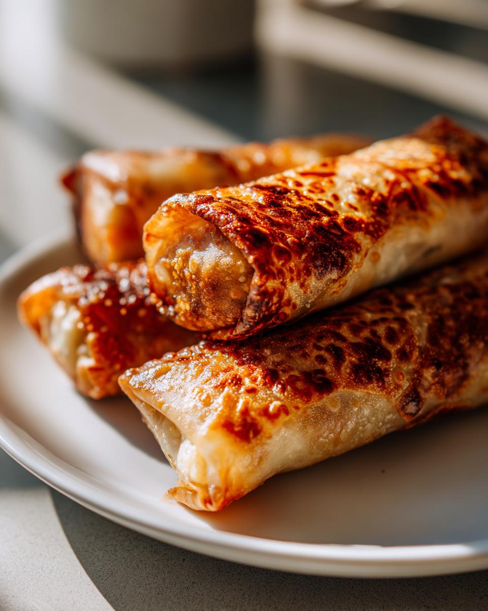 Close-up of several crispy, golden brown egg roll appetizers stacked on a white plate under bright light.