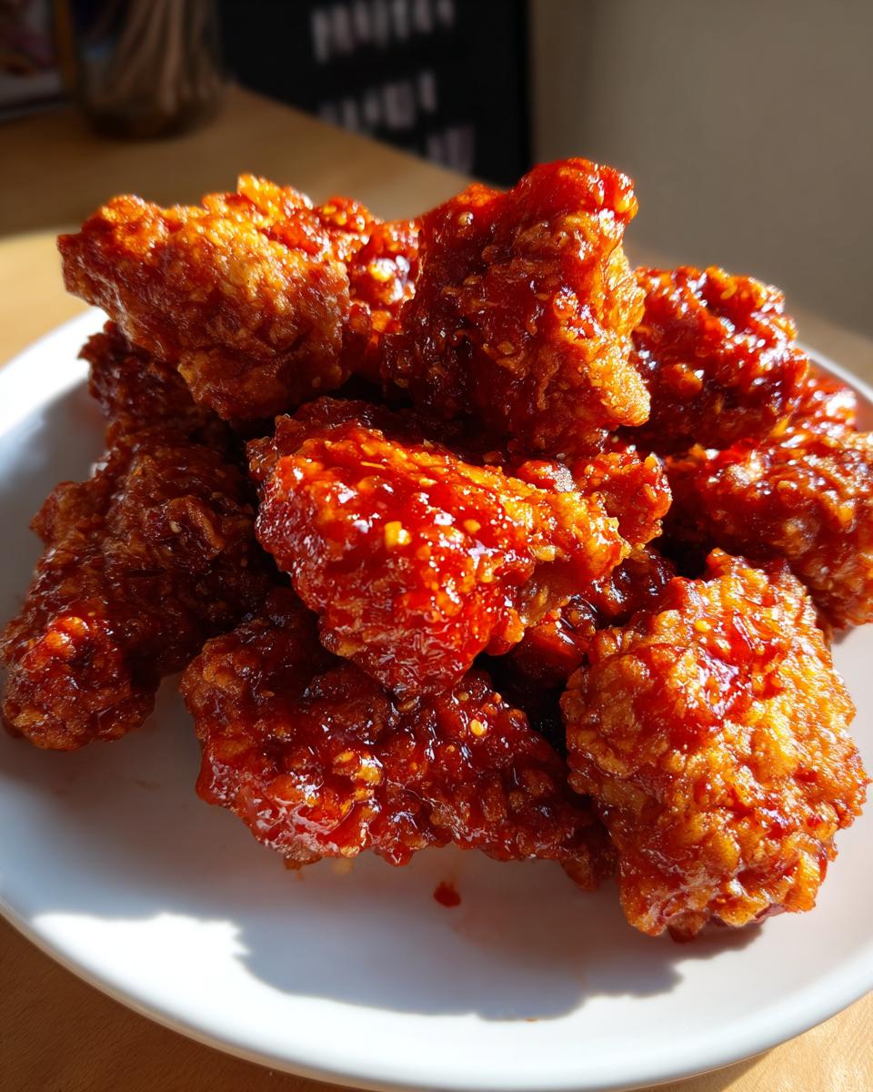 Close-up of crispy, glazed pieces of korean fried chicken recipe piled on a white plate.
