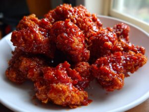 Close-up of crispy, glazed Korean fried chicken pieces piled on a white plate.