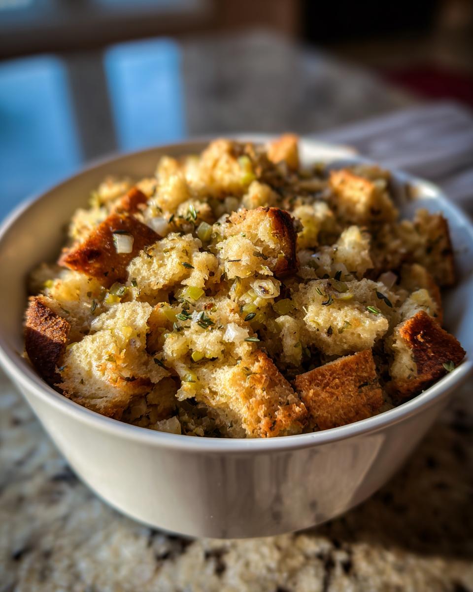 Close-up of savory crock pot stuffing with bread cubes, celery, and herbs served in a white bowl.