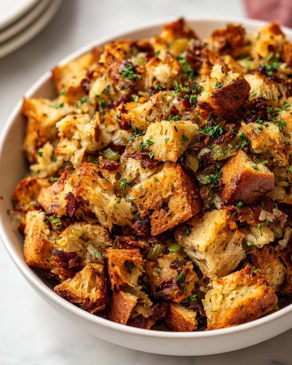 Close-up of fluffy, golden brown crock pot stuffing with visible celery, herbs, and bacon pieces in a white bowl.