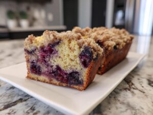 Close-up of a slice of moist plum cake with visible purple fruit and a sugary crumb topping.