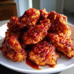 A pile of crispy Korean fried chicken recipe pieces coated in a thick, glossy, dark red spicy glaze on a white plate.