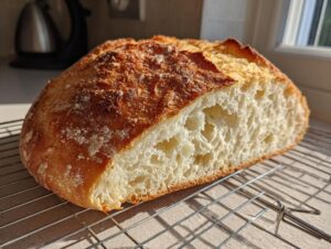A freshly baked loaf of Italian bread, cut to show the airy, open crumb and golden crust, resting on a cooling rack.