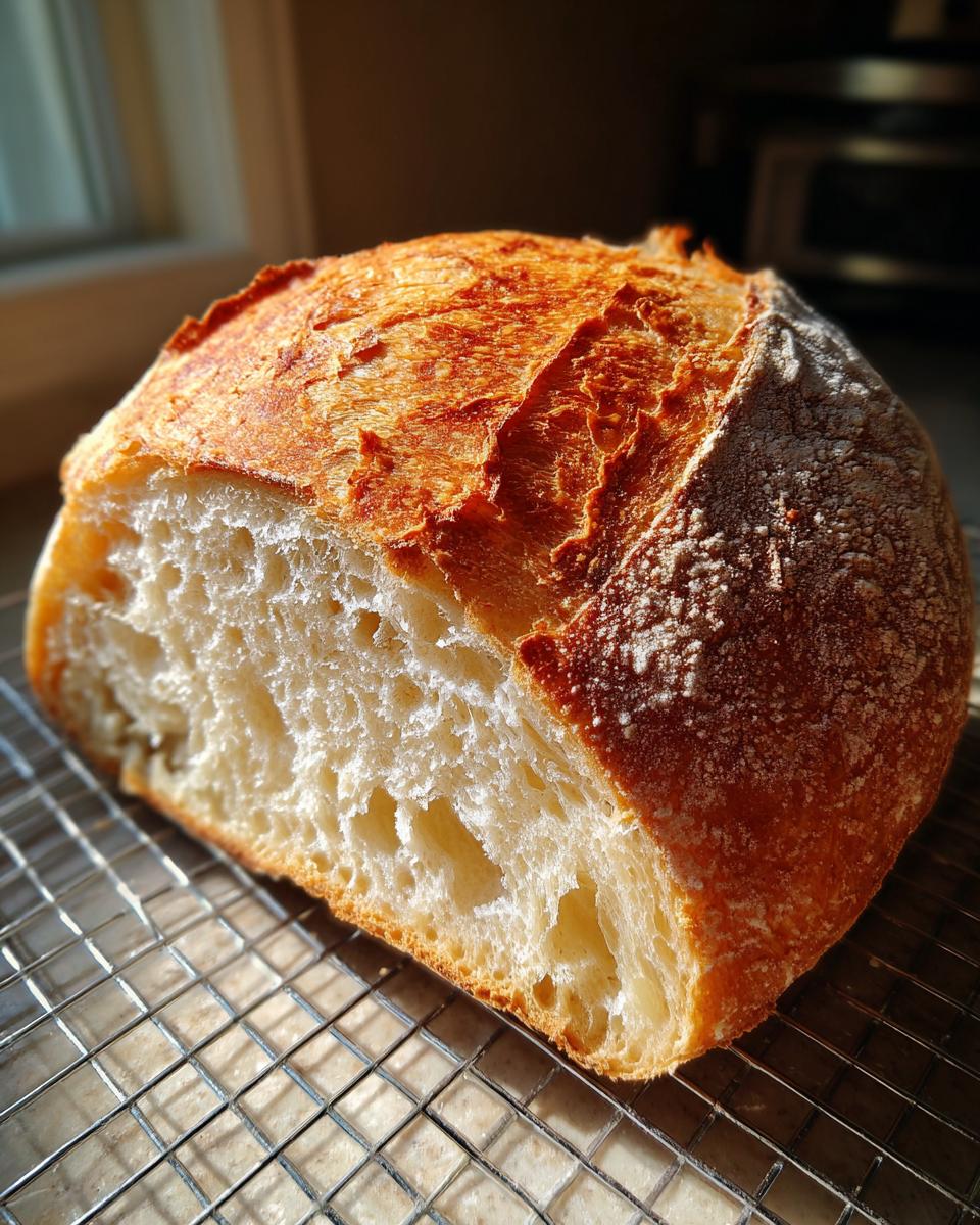A freshly baked loaf of crusty Italian bread, cut open to show the airy crumb, resting on a cooling rack.